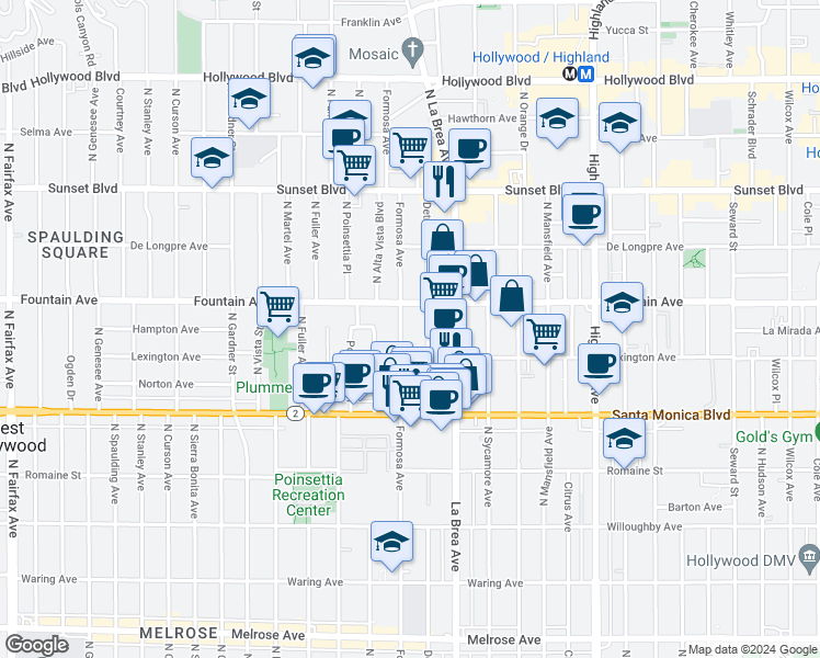map of restaurants, bars, coffee shops, grocery stores, and more near 1231 North Detroit Street in West Hollywood