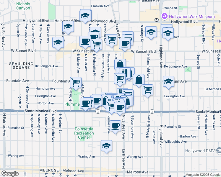 map of restaurants, bars, coffee shops, grocery stores, and more near 1231 North Detroit Street in West Hollywood