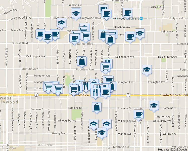 map of restaurants, bars, coffee shops, grocery stores, and more near 1232 North Poinsettia Place in West Hollywood