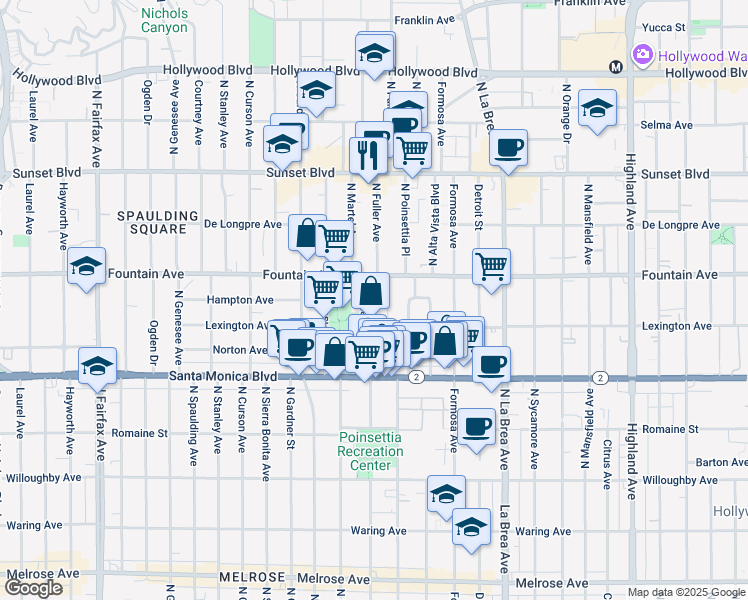 map of restaurants, bars, coffee shops, grocery stores, and more near 1236 1/2 North Fuller Avenue in West Hollywood