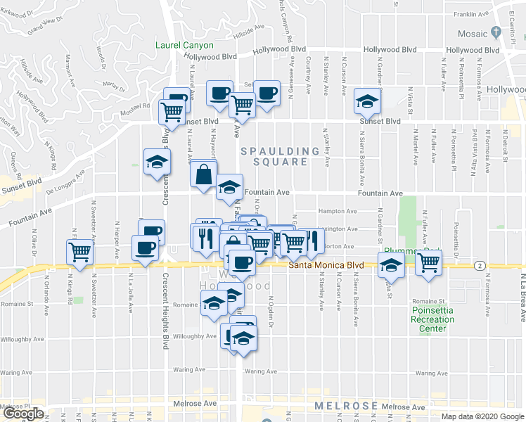 map of restaurants, bars, coffee shops, grocery stores, and more near 1221 North Orange Grove Avenue in West Hollywood