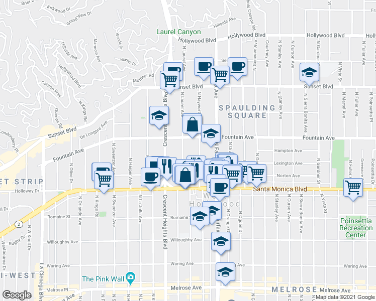 map of restaurants, bars, coffee shops, grocery stores, and more near 1263 North Hayworth Avenue in West Hollywood