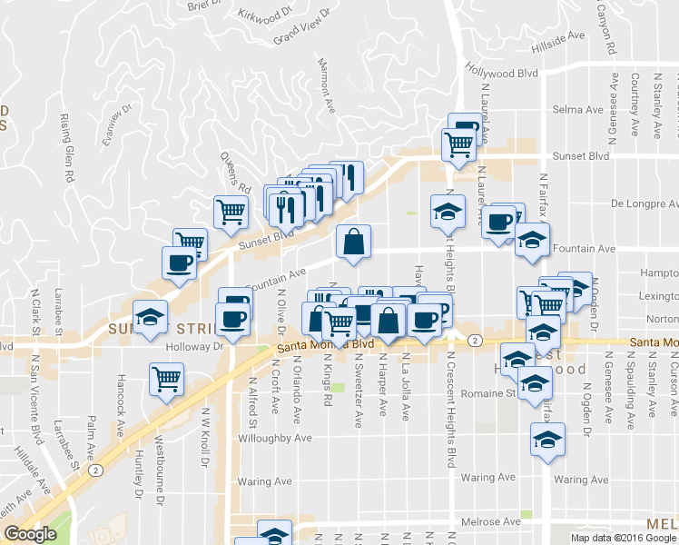 map of restaurants, bars, coffee shops, grocery stores, and more near 1260 North Flores Street in West Hollywood