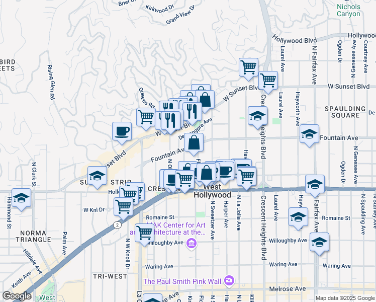 map of restaurants, bars, coffee shops, grocery stores, and more near 1264 North Kings Road in West Hollywood