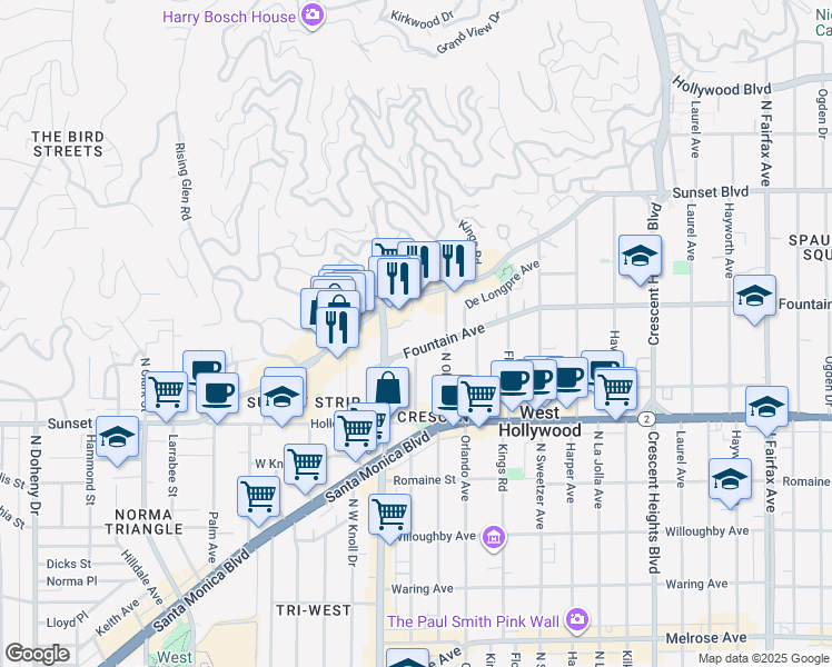 map of restaurants, bars, coffee shops, grocery stores, and more near 1228 North La Cienega Boulevard in West Hollywood