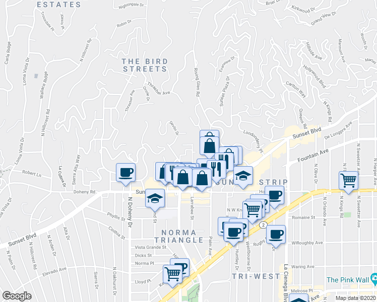 map of restaurants, bars, coffee shops, grocery stores, and more near 1314 Ozeta Terrace in Los Angeles