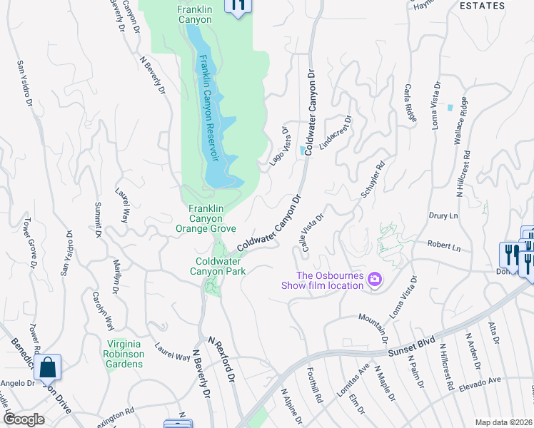 map of restaurants, bars, coffee shops, grocery stores, and more near 1169 Loma Linda Drive in Beverly Hills