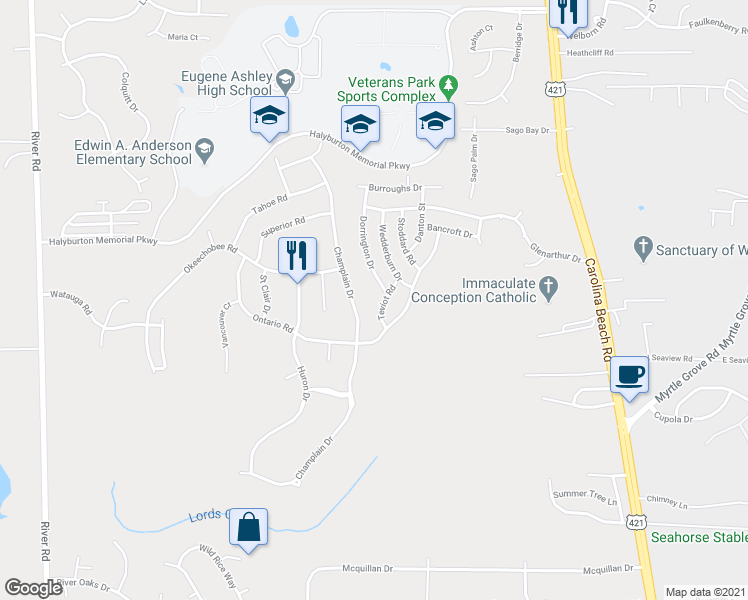 map of restaurants, bars, coffee shops, grocery stores, and more near 6810 Teviot Dr in Wilmington