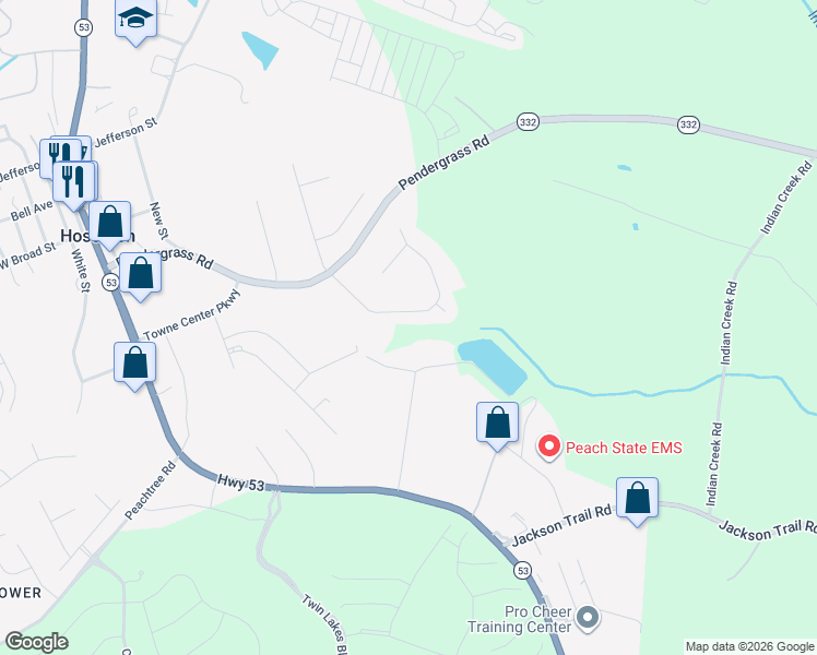 map of restaurants, bars, coffee shops, grocery stores, and more near 196 Joshua Way in Hoschton