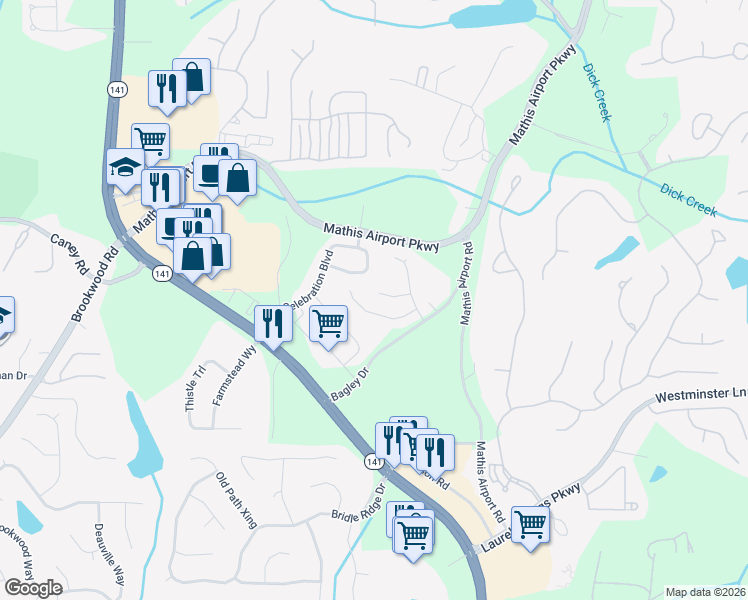 map of restaurants, bars, coffee shops, grocery stores, and more near 485 Wood Duck Court in Suwanee