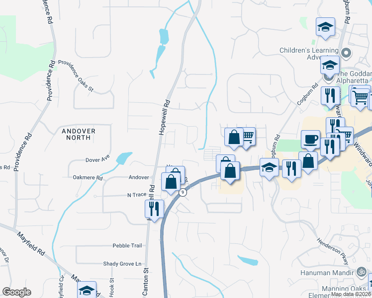 map of restaurants, bars, coffee shops, grocery stores, and more near 870 Southfield Lane in Alpharetta