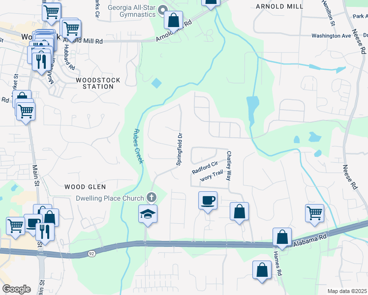 map of restaurants, bars, coffee shops, grocery stores, and more near 452 Springfield Drive in Woodstock