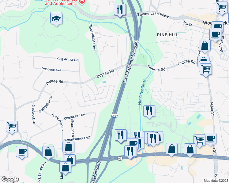 map of restaurants, bars, coffee shops, grocery stores, and more near 631 Stickley Oak Way in Woodstock