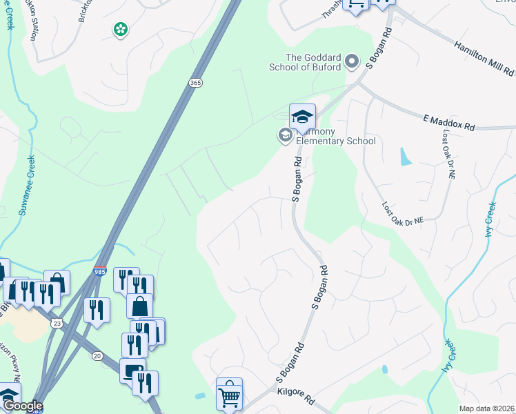 map of restaurants, bars, coffee shops, grocery stores, and more near 3905 Moon Shadow Way in Buford