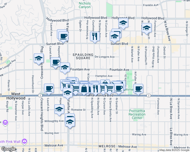 map of restaurants, bars, coffee shops, grocery stores, and more near 7720 Hampton Avenue in Los Angeles