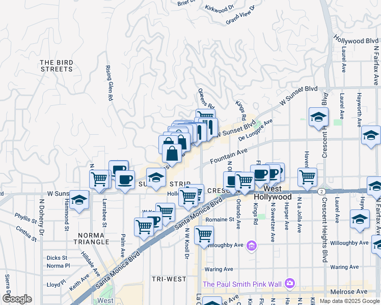 map of restaurants, bars, coffee shops, grocery stores, and more near 8534 Sunset Boulevard in West Hollywood