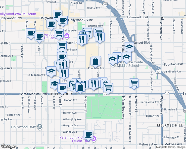 map of restaurants, bars, coffee shops, grocery stores, and more near 1233 North Beachwood Drive in Los Angeles