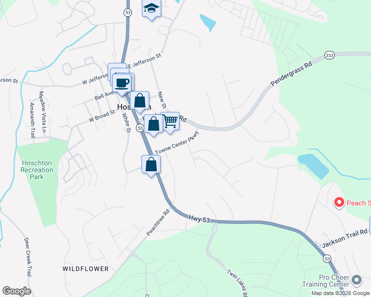 map of restaurants, bars, coffee shops, grocery stores, and more near 181 Towne Center Parkway in Hoschton