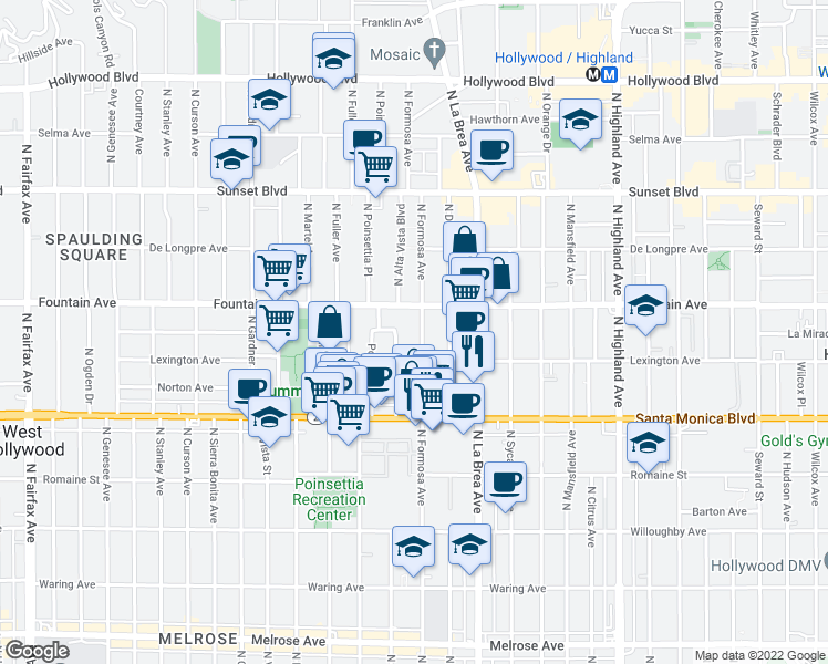 map of restaurants, bars, coffee shops, grocery stores, and more near 1231 North Formosa Avenue in Los Angeles