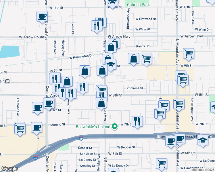 map of restaurants, bars, coffee shops, grocery stores, and more near 133 Spinnaker Way in Upland