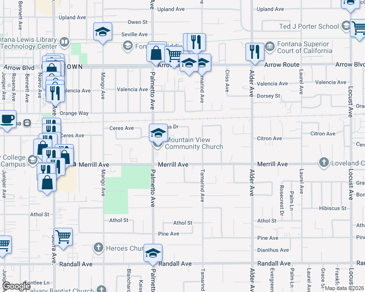 map of restaurants, bars, coffee shops, grocery stores, and more near 17417 Anastasia Avenue in Fontana