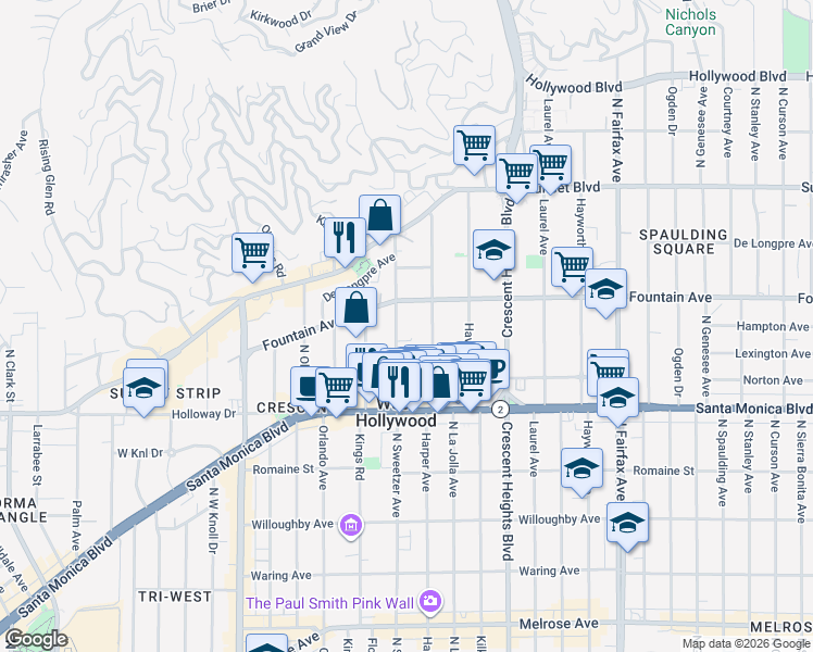 map of restaurants, bars, coffee shops, grocery stores, and more near 1262 North Sweetzer Avenue in West Hollywood