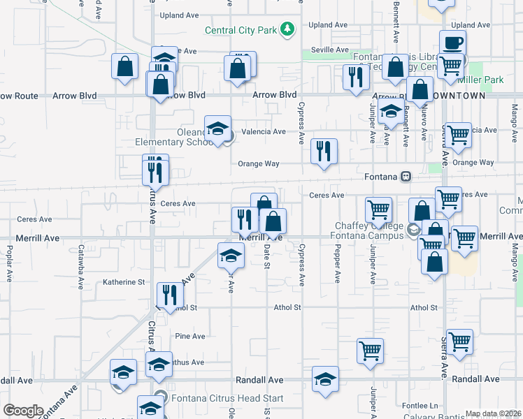 map of restaurants, bars, coffee shops, grocery stores, and more near 16385 Ceres Avenue in Fontana