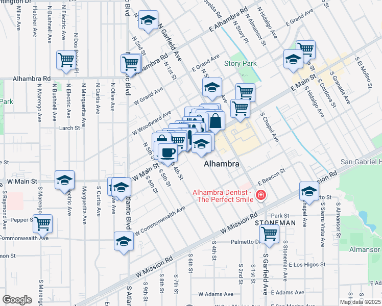 map of restaurants, bars, coffee shops, grocery stores, and more near 228 West Main Street in Alhambra