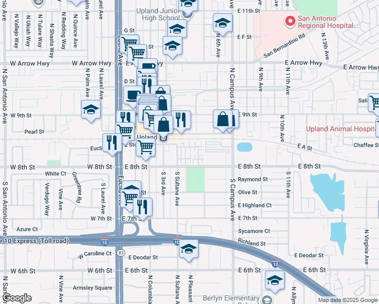 map of restaurants, bars, coffee shops, grocery stores, and more near 147 Royal Way in Upland
