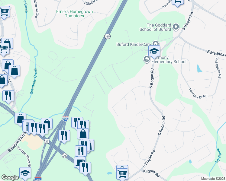 map of restaurants, bars, coffee shops, grocery stores, and more near 2151 East Maddox Road in Buford