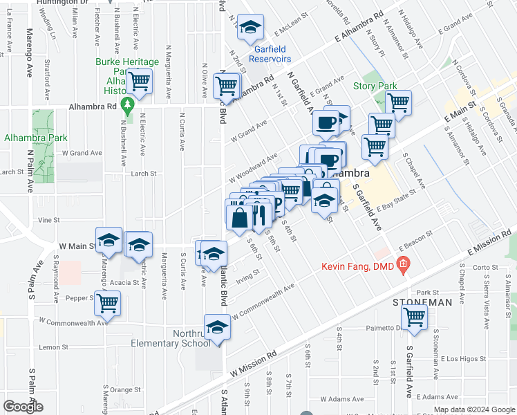 map of restaurants, bars, coffee shops, grocery stores, and more near 22 North 5th Street in Alhambra