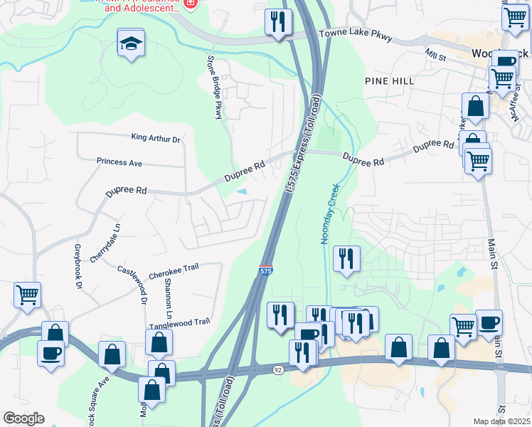 map of restaurants, bars, coffee shops, grocery stores, and more near 631 Stickley Oak Way in Woodstock