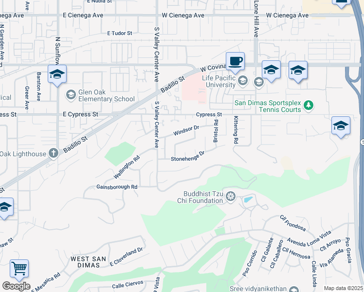 map of restaurants, bars, coffee shops, grocery stores, and more near 1412 Somerset Drive in San Dimas