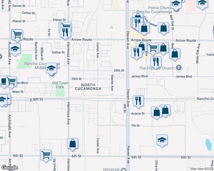 map of restaurants, bars, coffee shops, grocery stores, and more near 10360 24th Street in Rancho Cucamonga