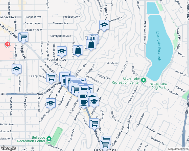map of restaurants, bars, coffee shops, grocery stores, and more near 1733 Maltman Avenue in Los Angeles