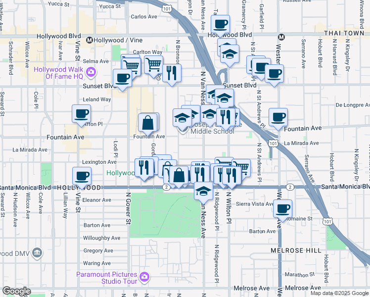 map of restaurants, bars, coffee shops, grocery stores, and more near 5846 La Mirada Avenue in Los Angeles