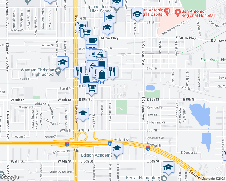 map of restaurants, bars, coffee shops, grocery stores, and more near 144 Dorsett Ave in Upland