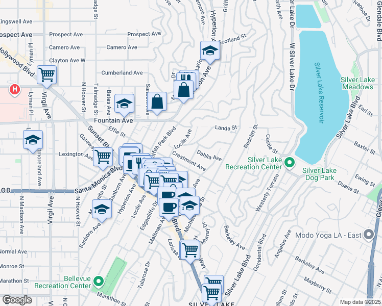 map of restaurants, bars, coffee shops, grocery stores, and more near 1733 Maltman Avenue in Los Angeles