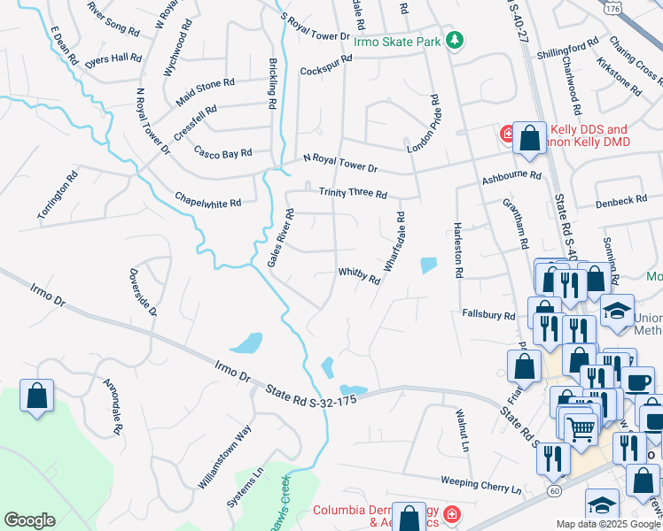 map of restaurants, bars, coffee shops, grocery stores, and more near 201 Whitby Road in Irmo