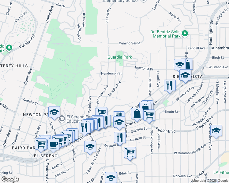 map of restaurants, bars, coffee shops, grocery stores, and more near 4128 Guardia Avenue in Los Angeles