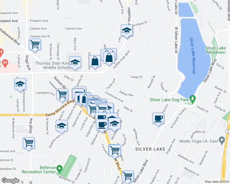 map of restaurants, bars, coffee shops, grocery stores, and more near 1733 Maltman Avenue in Los Angeles