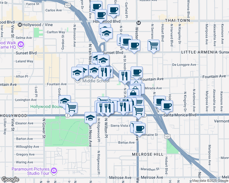 map of restaurants, bars, coffee shops, grocery stores, and more near 5642 La Mirada Avenue in Los Angeles