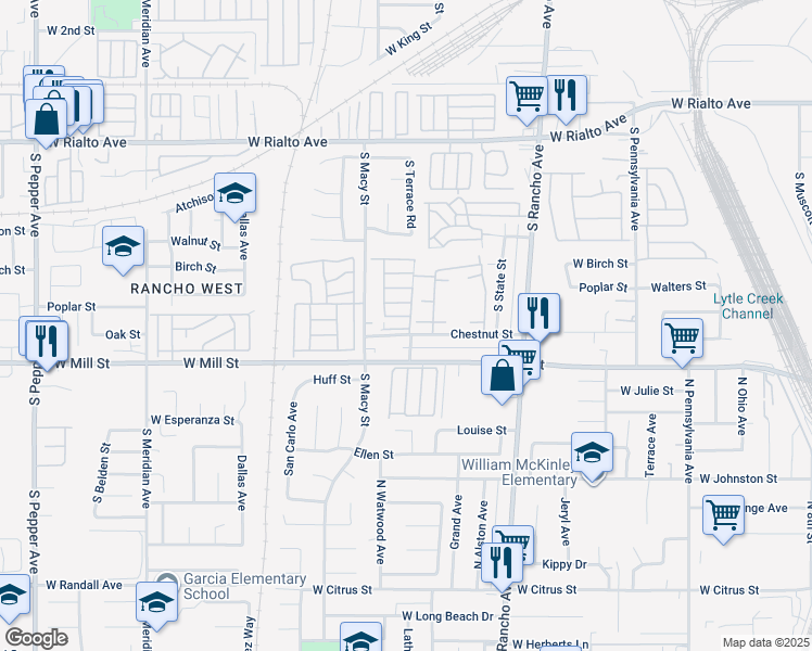 map of restaurants, bars, coffee shops, grocery stores, and more near 2250 West Chestnut Street in Colton