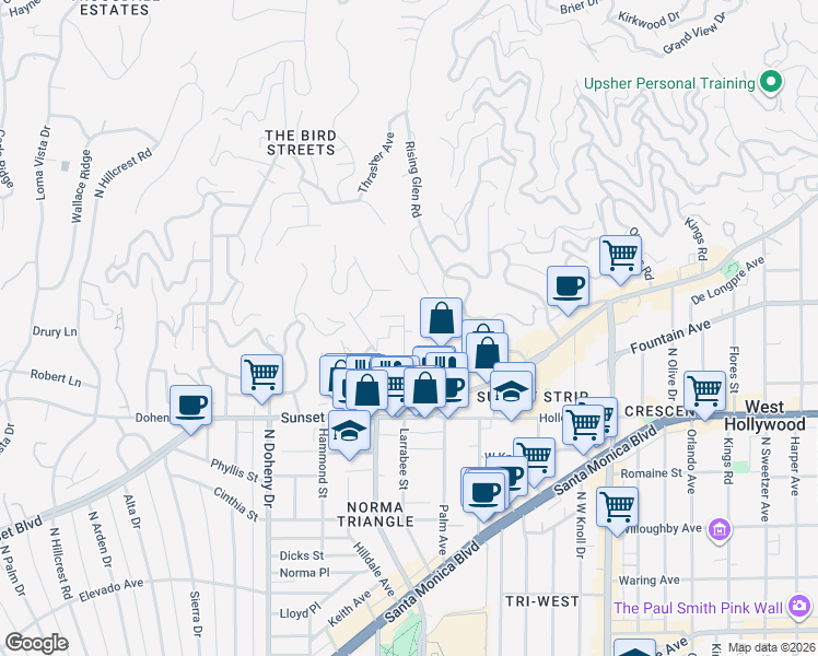 map of restaurants, bars, coffee shops, grocery stores, and more near 1244 Larrabee Street in West Hollywood