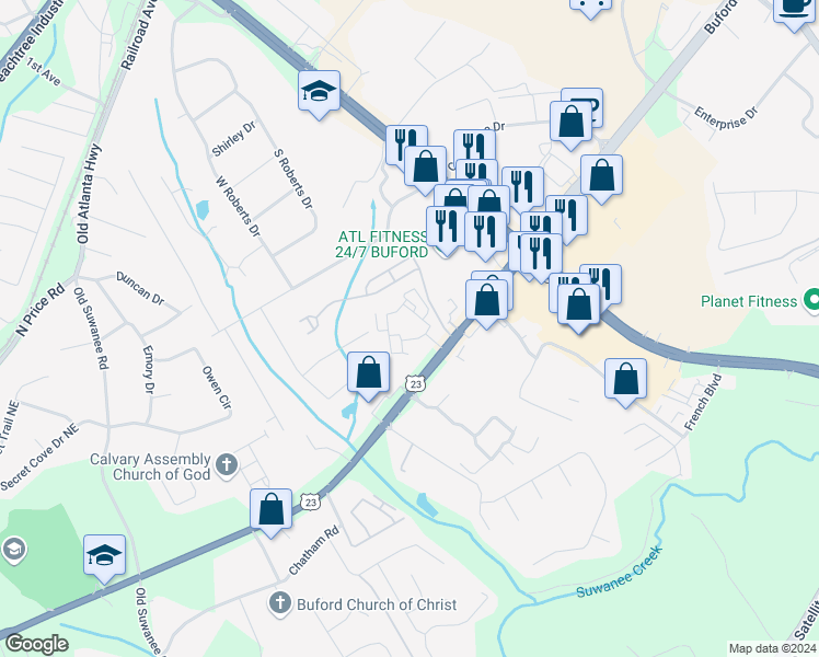 map of restaurants, bars, coffee shops, grocery stores, and more near 1400 Buford Highway Northeast in Buford