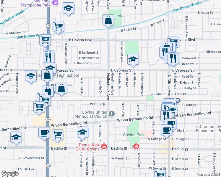 map of restaurants, bars, coffee shops, grocery stores, and more near 4431 Glenfinnan Avenue in Covina