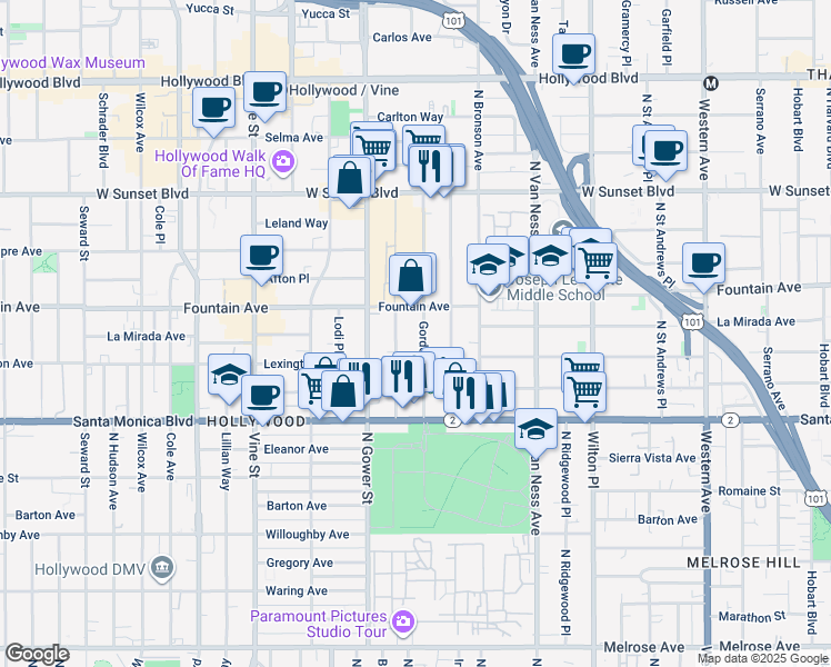 map of restaurants, bars, coffee shops, grocery stores, and more near 1233 Gordon Street in Los Angeles