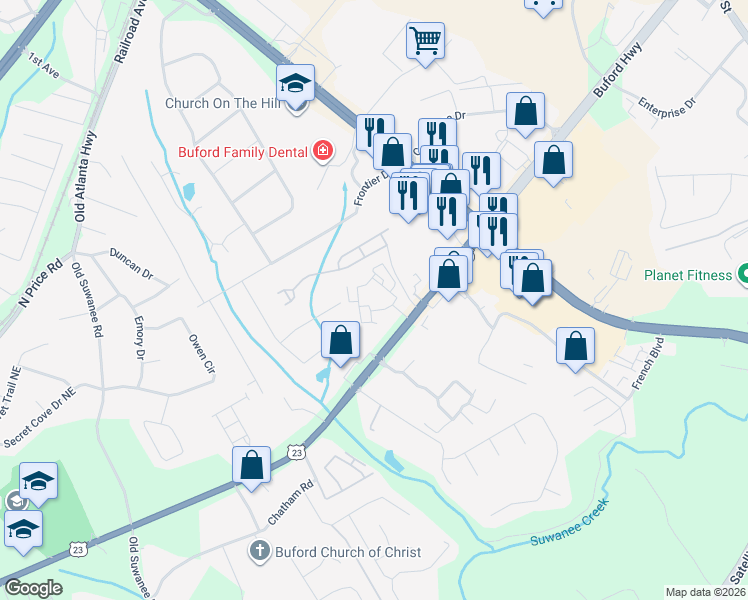 map of restaurants, bars, coffee shops, grocery stores, and more near in Sugar Hill