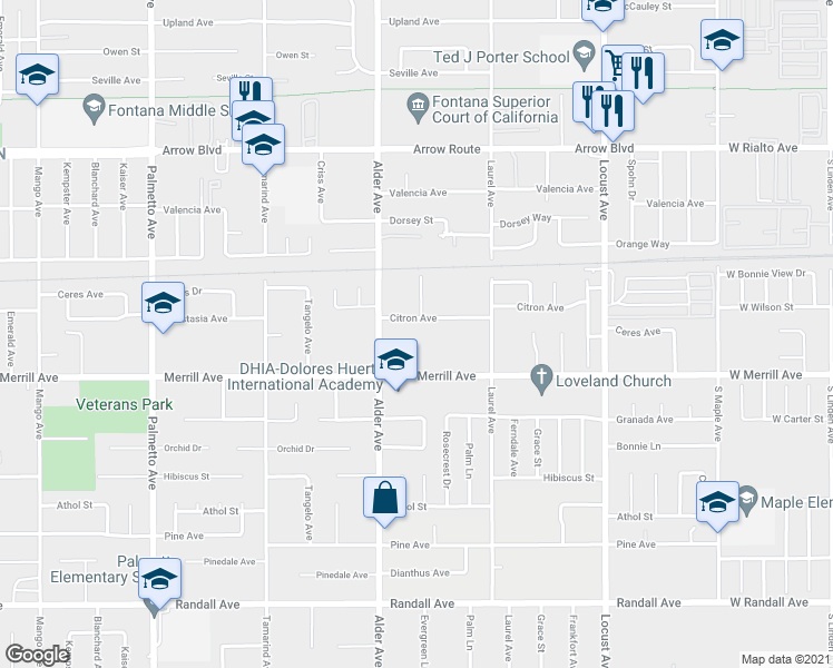 map of restaurants, bars, coffee shops, grocery stores, and more near 17761 Citron Avenue in Fontana