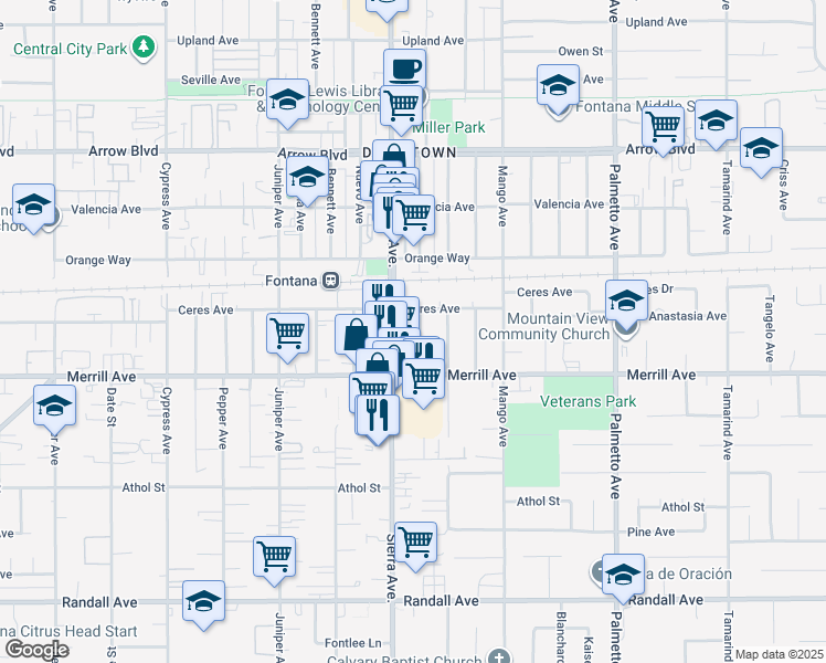 map of restaurants, bars, coffee shops, grocery stores, and more near 8834 Wheeler Avenue in Fontana